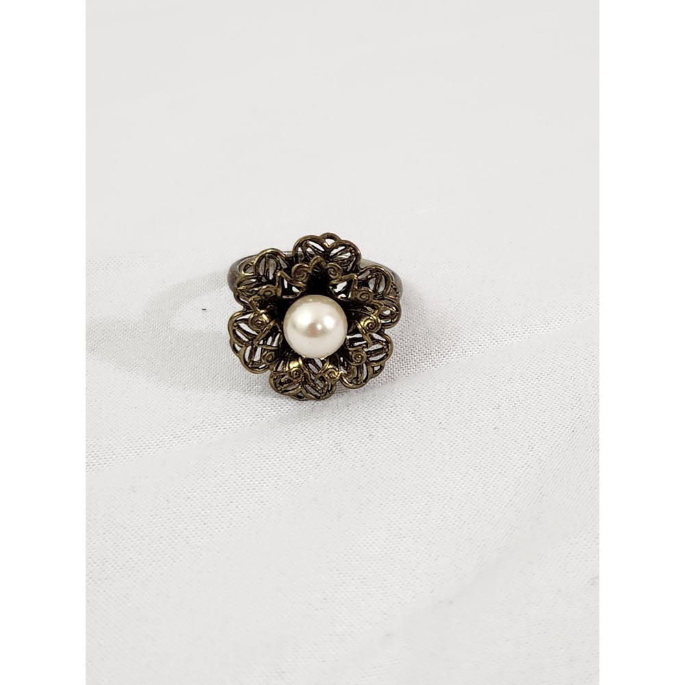 Vintage Style Filigree Flower Pearl Ring Bronze‎ Tone Adjustable Statement Ring